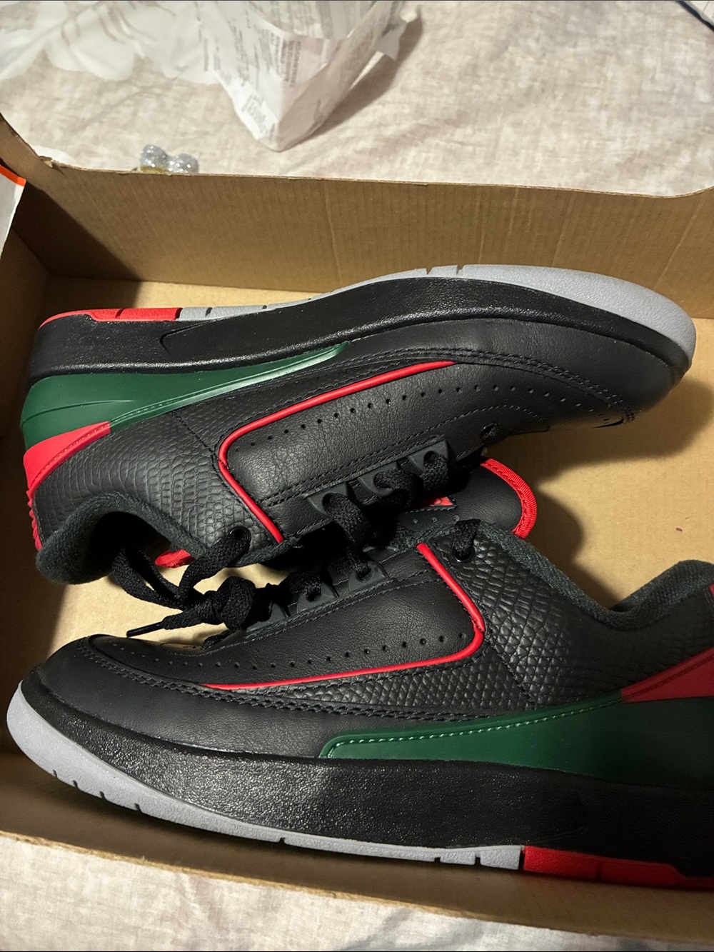 Air Jordans Youth Black Low-Top Athletic Sneakers with Red & Green Accents